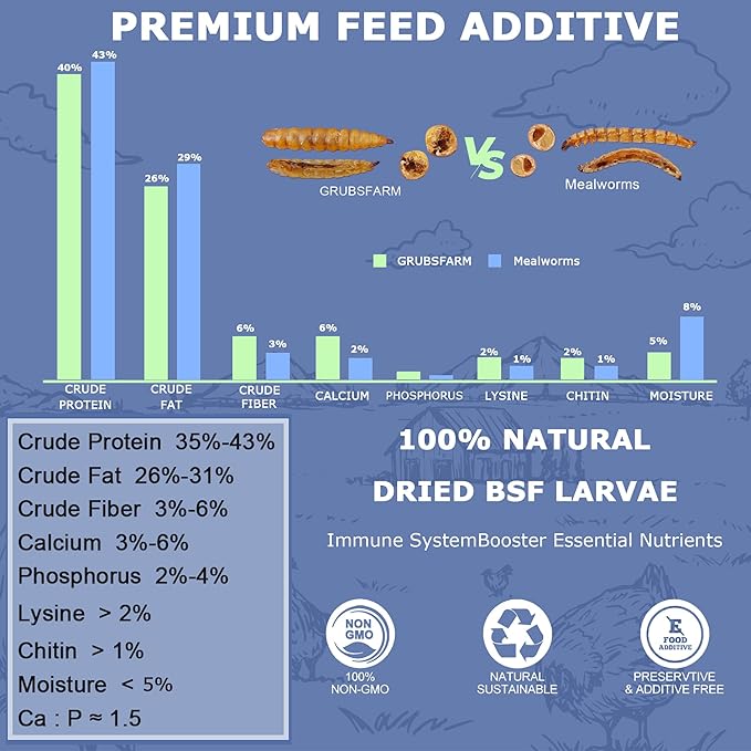 Premium Chicken Treats 10LB - Non-GMO & 85X More Calcium Than Meal Worms - Molting & Laying Supplement - BSF Larvae Treats for Layer Hens, Ducks Wild Birds