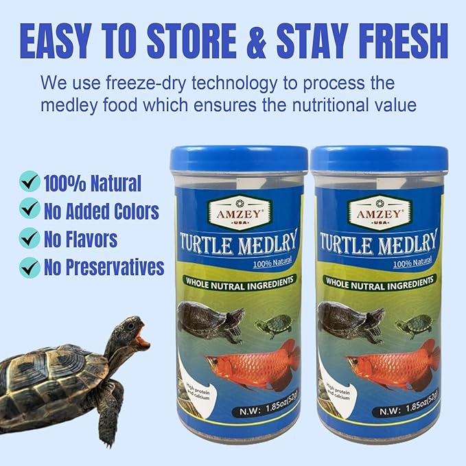 Amzey 2 Pack Aquatic Turtle Food, Vitamin, Enriched Medley Treats of Freeze, Dried Mealworms, River Shrimp & River Fishes, High Protein Turtle Medley Food for Aquatic Tortoise, 3.7 Ounce Total