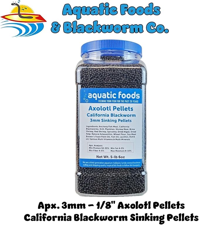 Aquatic Foods Inc. Axolotl Blackworm Pellets. 3mm-1/8 Sinking California Blackworm Medium Pellets for Medium/Large Axolotl, Frogs, Shrimp, Salamanders, Newts, Snails…5-lbs 6oz Jar