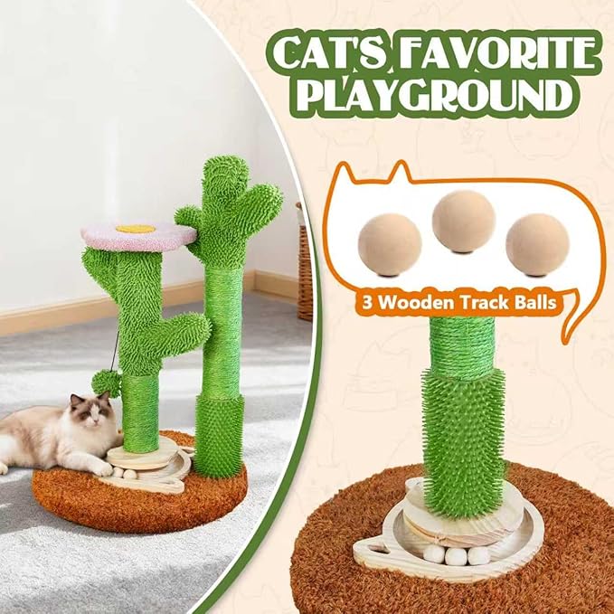 DIY Cactus Cat Scratching Post with Self-Grooming Brush and Ball Toy, 9+ Adjustable Installation Styles, Modular Sisal Cat Scratching Post for Indoor Cats and Kittens, Customizable Cat Furniture