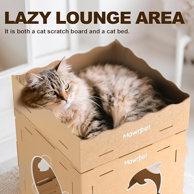 DIY Cat Scratcher Cardboard House, Clawsable Cat Play House, a Versatile Box, Indoor Kitty Scratcher Hideout for One or More Cats Brown, Cat Tower Castle Tunnel 10 Parts