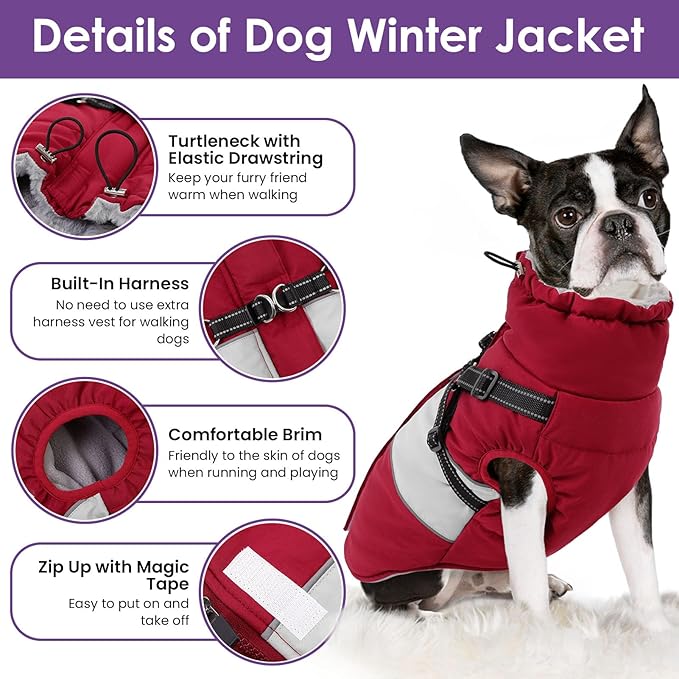 SUNFURA Dog Winter Coat, Waterproof Dog Coat Jacket with Harness for Medium Dogs Boys Girls, Reflective Fleece Lined Pet Snow Jacket Sweaters for Pug, Jack Russel, Boston Terrier, Burgundy M