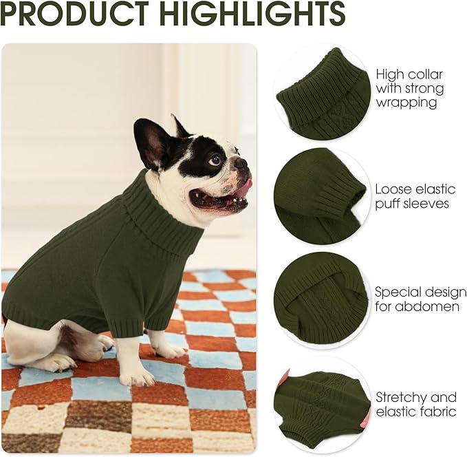 SAWMONG Dog Sweater for Small Dogs, Turtleneck Knitted Pullover Sweater Sweatshirt, Classic Winter Warm Pet Sweater for Boy Girl Pet Chihuahua, French Bulldog, Golden Retriever, Pug, Cat (Green, S)