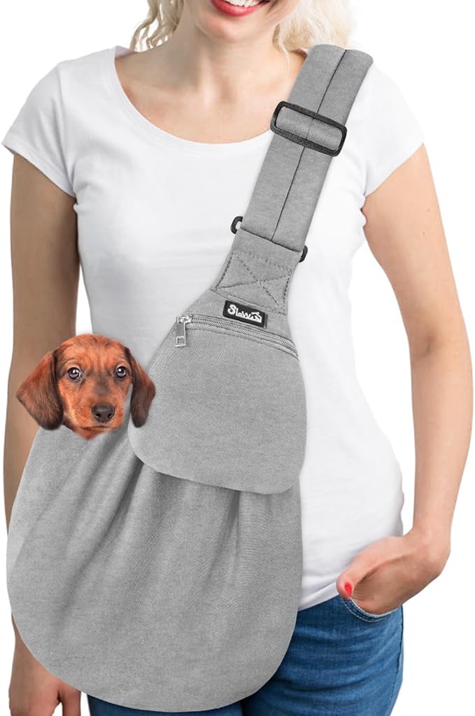 SlowTon Dog Carrier Sling - Thick Padded Shoulder Strap Adjustable Dog Carriers for Small Dogs, Puppy Carrier Purse for Pet Cat with Front Zipper Pocket Safety Belt Machine Washable (GY, L)