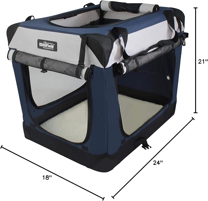 EliteField 4-Door Folding Soft Dog Crate with Curtains, Carrying Bag and Fleece Bed (2 Year Warranty), Indoor & Outdoor Pet Home (24" L x 18" W x 21" H, Navy Blue+Gray)