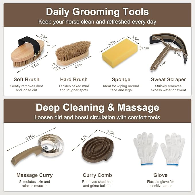 Swess Horse Grooming Kit 14 Piece, Horse Brushes for Grooming & Bathing Supplies Set, Professional Horse Supplies with Mane & Tail Comb, Curry Comb, Hoof Pick, Gloves & Mesh Tote Bag for Equine Care