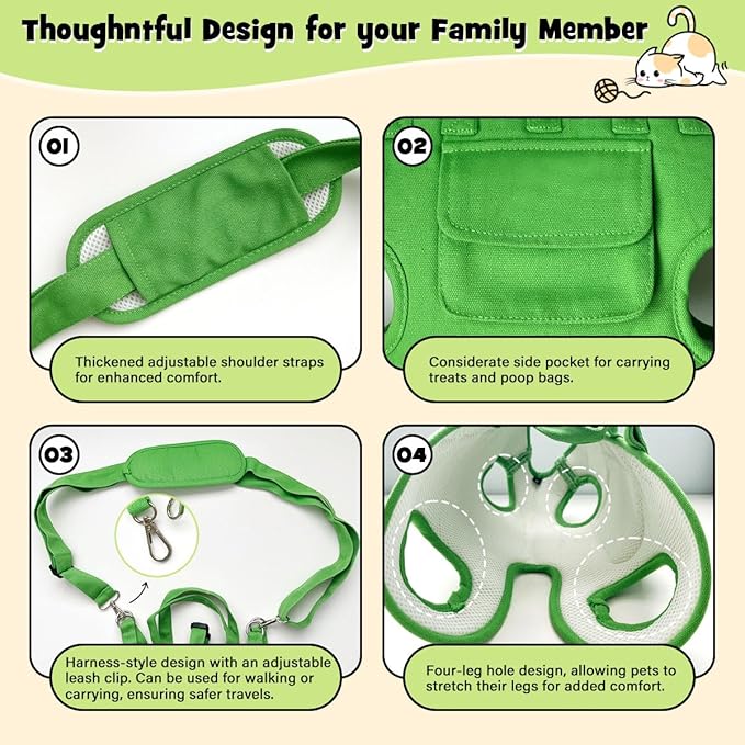 Snowlove Foldable Pets Outdoor Travel Carrier with Legs-Out Holes and Walkable Harness,Hand-Held & Shoulder Carry Pets Soft-Sided Carriers, Dog and Cats Carrier Slings(Green, Medium)