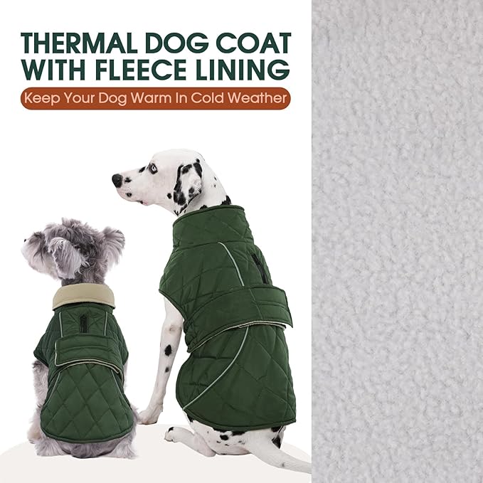 Kuoser Dog Winter Coat Waterproof Dog Snow Jacket, Warm Fleece Lined Pet Turtleneck Snowsuit Puppy Cold Weather Coats with Harness Hole, Adjustable Winter Vest for Medium Large Dogs, Green, L