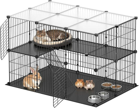 XiaZ Small Animal Playpen with Waterproof PVC Mat and 2 Doors, 35.4" L x 23.6" W x 23.6" H Guinea Pig Cages, 31 Panels C&C Cage for Guinea Pigs,Rabbit,Bunny,Hedgehogs,Chicken Puppy Indoor Outdoor