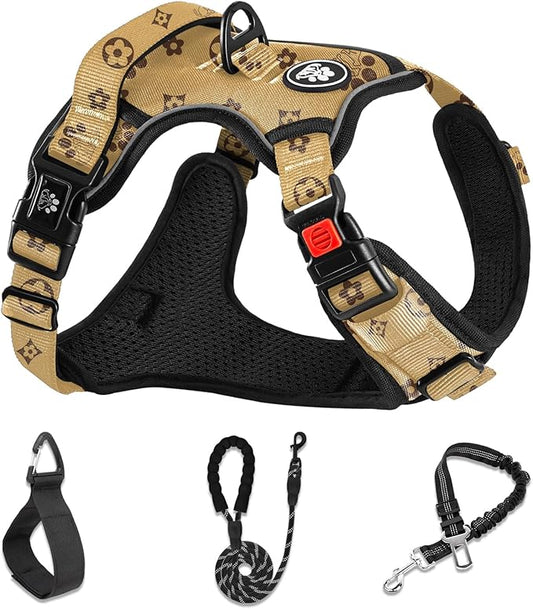 NESTROAD No Pull Dog Harness,Adjustable Oxford Dog Vest Harness with Leash,Reflective No-Choke Pet Harness with Easy Control Soft Handle for Large Dogs(Large,Light Brown)
