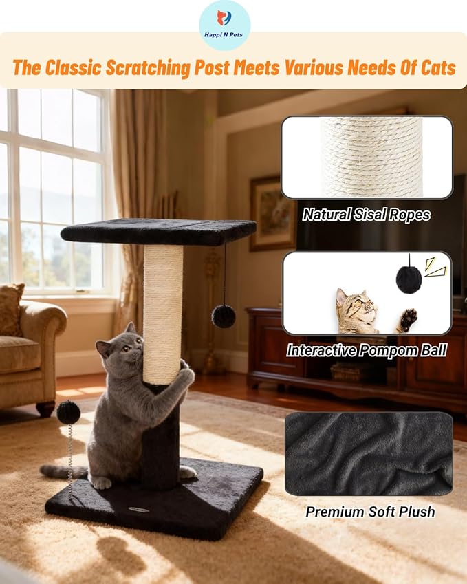 Happi N Pets 26" Cat Scratching Post with Platform, Sisal Cat Trees Tower for Indoor Cats, Featuring with Hanging Balls & Cozy Cat Perch, Stable Cat Scratch Posts for Kittens-Smoky Gray
