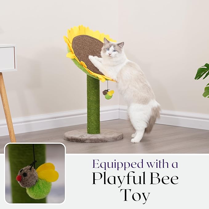 Catry 23" 2-in-1 Replaceable Cat Scratching Post with Convertible Sunflower Scratching Pad or Perch, Quick Assembly, Garden Style, Ideal for Small to Medium Cats