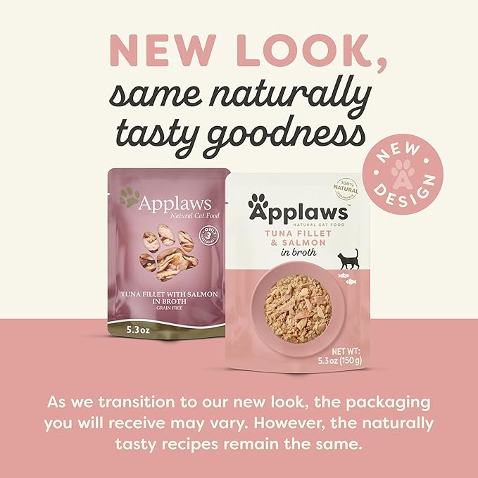 Applaws Natural Wet Cat Food in Broth, Limited and Natural Ingredients, High Protein with No Artificial Additives, Tuna Fillet & Salmon in Broth (12 x 5.3oz Pouches)