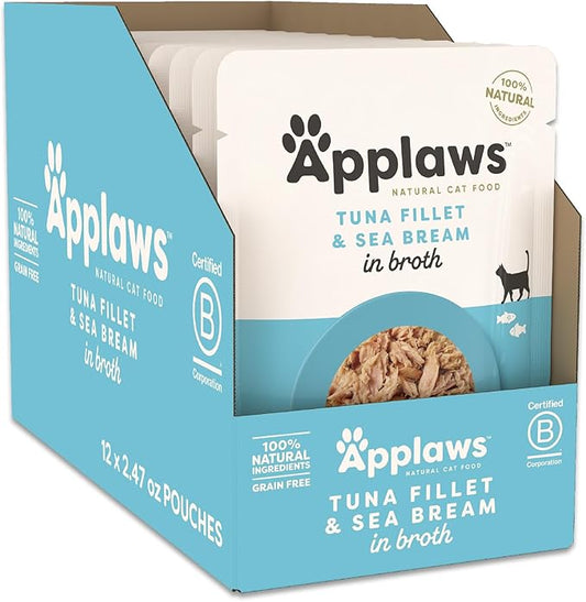 Applaws Natural Wet Cat Food in Broth, Limited Ingredient Wet Cat Food Pouches, No Additives, Made with Natural Ingredients, Tuna Fillet & Seabream in Broth (12 x 2.47oz Pouches)