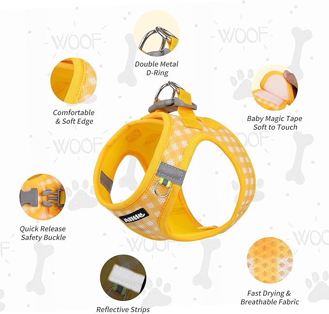 AIITLE Breathable Mesh Dog Vest Harness, No Pull Escape Proof Vest Harnesses with Reflective Bands, Adjustable Plaid Pet Outdoor Harnesses for Small and Medium Dogs Yellow M