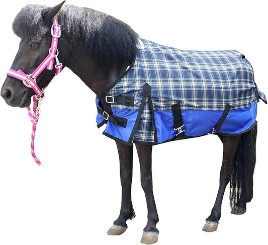 600 Denier Ripstop Mini Horse Blanket - 0g Fill Lightweight, Waterproof Breathable Miniature Pony/Donkey Turnout Rain Sheet Blueplaid 45