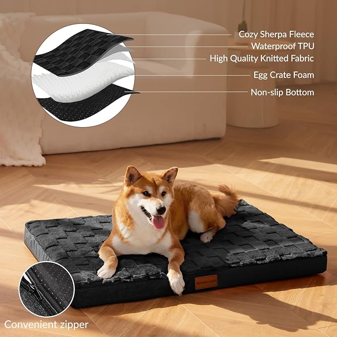 Patas Lague Orthopedic Jumbo Dog Bed for Extra Large Dogs 56''X40'', Waterproof Soft Warm Comfortable Egg Crate Foam Jumbo Pet Beds Mat with Removable Washable Cover and Nonskid Bottom, Black
