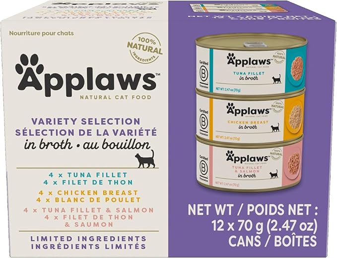 Applaws Natural Wet Canned Cat Food, Limited and Natural Ingreidents, High Protein with No Artificial Additives, Variety Pack in Broth (12 x 2.47oz Cans)