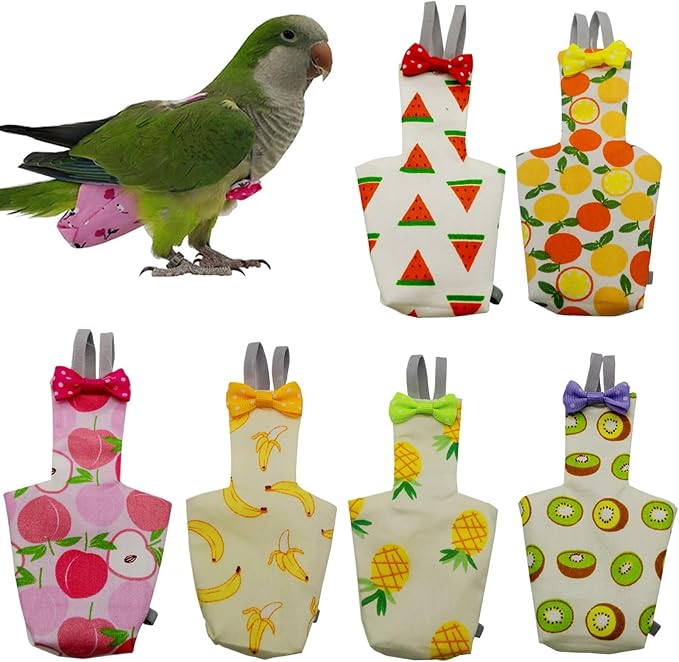 6PCS Washable Reusable Bird Diapers with Waterproof Lining & Adjustable Straps – Soft Parrot Diaper Clothes Costume Set for for Parakeets, for Budgies, for Mini Macaws (M)
