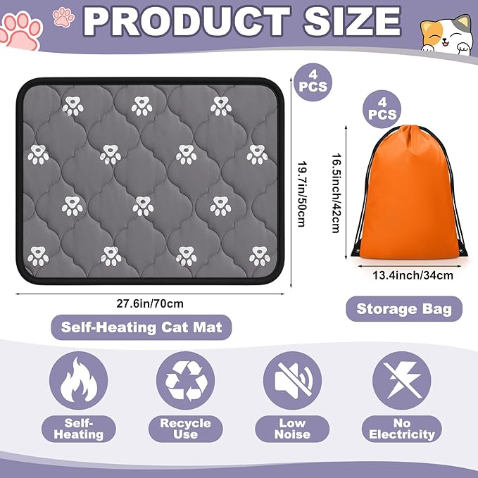 Riakrum 4 Pack Self Heating Cat Bed Pad Self Warming Pet Dog Mat Non Slip Washable Cat Kennel Crate Pad with Storage Bag for Indoor Outdoor Small Medium Dog Kitten(20 x 28 Inches)