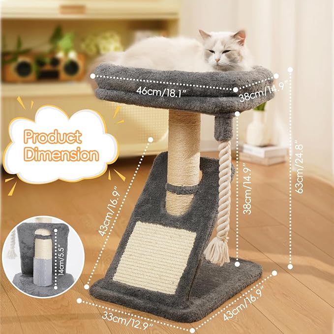 Cat Tree with Bed, 24.8" Multi-Level Cat Tower with Sisal Scratching Posts, Plush Perch, Hanging Toys & Grooming Brush - for Indoor Cats to Play, Sleep, and Claw Sharpening