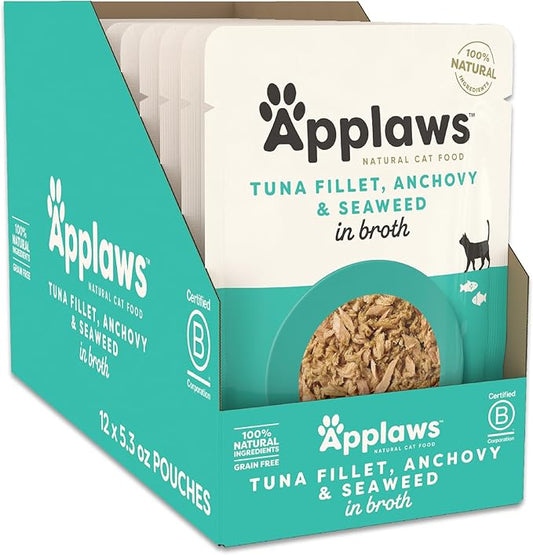 Applaws Natural Wet Cat Food in Broth, Limited and Natural Ingredients, High Protein with No Artificial Additives, Tuna Fillet, Anchovy & Seaweed in Broth (12 x 5.3oz Pouches)