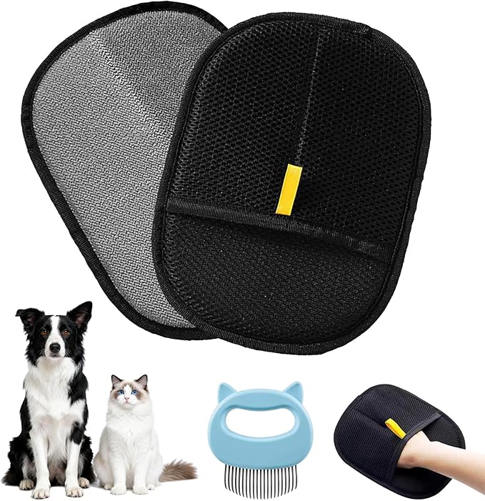 Pet Hair Removal Glove 2 Pack – Magic Gloves for Pet Hair, Dog & Cat Hair Remover, Reusable Pet Hair Removal Tool with Shell Comb for Sofa, Bed, Car, Bedroom & Living Room