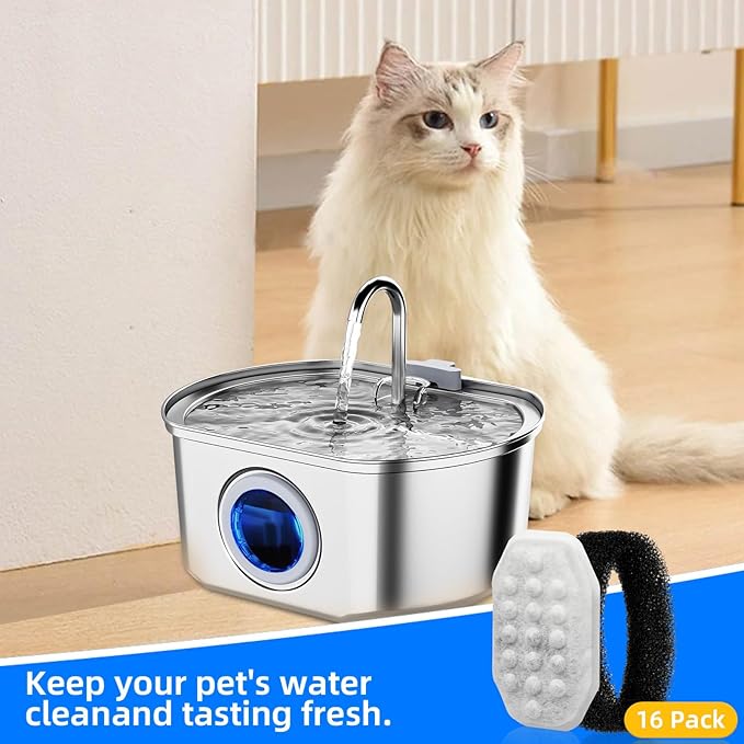 32 Pack Cat Water Fountain Replacement Filters & Pre-Filter Sponges for 108oz/3.2 Stainless Steel Pet Water Fountain