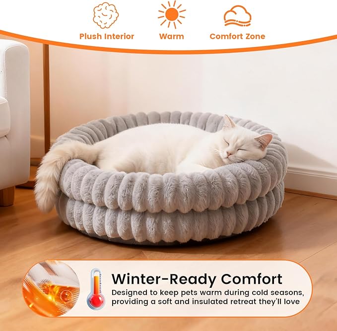 Fluffy Cat Beds for Indoor Cats, Washable Round Orthopedic Kitten Bed, Ultimate Soft Fuzzy Pet Bed for Small Dogs with Non-Slip Bottom, 19.7x19.7x6.3 in, Gray