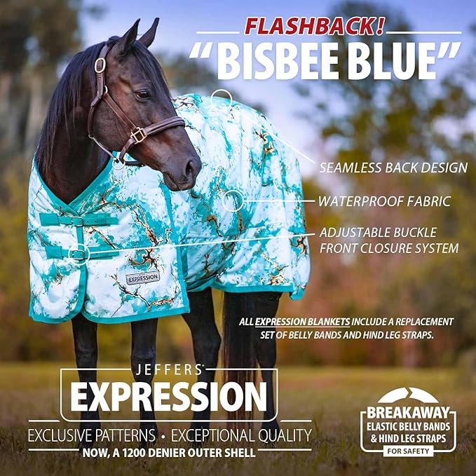 Jeffers Expression 1200 Denier Standard Neck Turnout Blanket for Horses, 66" - Water Proof, Breathable, 240 gram Polyfill for Medium Weight Warmth, Winter Protection for Stall, Barn – Bisbee Blue