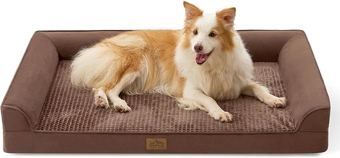 Orthopedic Dog Beds for Large Sized Dog, XL Bolster Pet Couch with Waterproof Lining, Egg Crate Foam Sofa for Pets Up to 100 lbs, U-Shaped, 44x32x7 inch, Brown