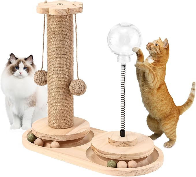 Sisal Scratching Post for Cat Kitten Small Cat Scratcher with Cat Food Feeder，Interactive Toy,Hanging Ball,Wooden 2 Level Track