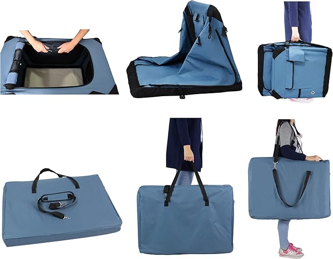 EliteField 4-Door Folding Soft Dog Crate with Curtains, Carrying Bag and Fleece Bed (2 Year Warranty), Indoor & Outdoor Pet Home (42" L x 28" W x 32" H, Blue Gray+4 Door Curtains)