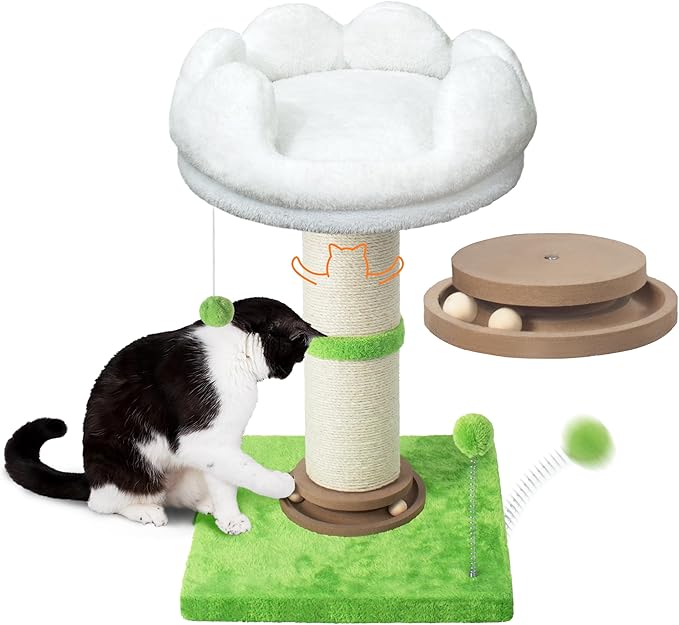 Fantasreen Cat Scratching Post 25'' Cat Scratcher Tall, Scratching Posts for Indoor Cats with Cat Toy, Interactive Ball for Kittens Adults Cats White