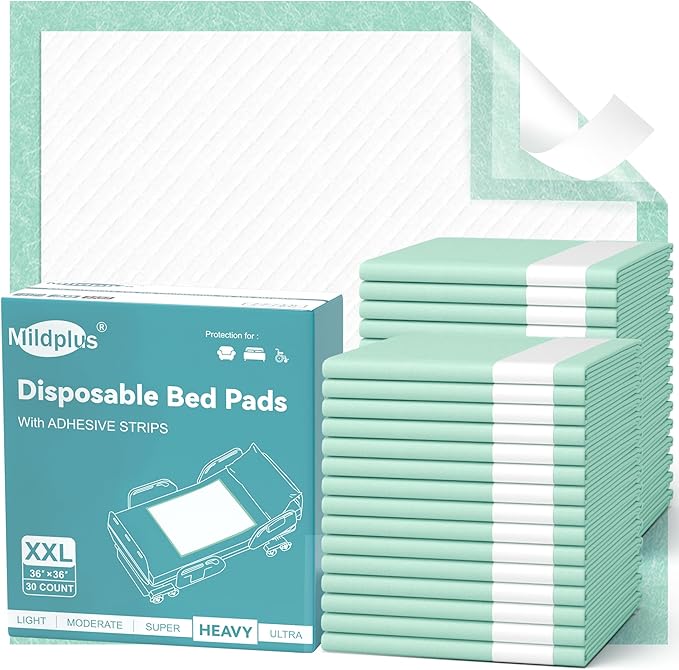 Bed Pads with Adhesive Strips 36''X36'', 30 Count Disposable Underpads Extra Large Chucks Thicker Incontinence Pads for Unisex Adult, Senior, Kids and Pets