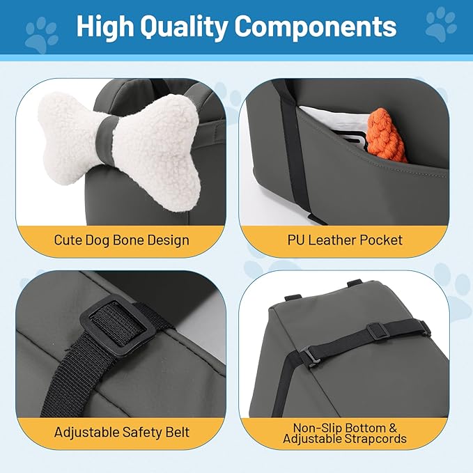 Center Console Dog Car Seat for Small Dogs Puppy Pet Booster Seat for Car PU Leather Travel Pet Car Carriers for Cat with Adjustable Safety Belt Support Pet up to 11lbs