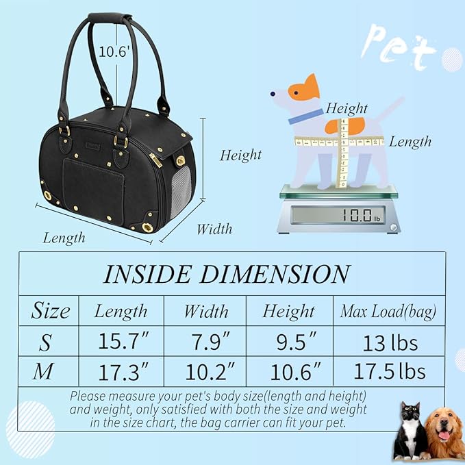 PetsHome Dog Carrier Purse, Pet Carrier, Cat Carrier, Foldable Waterproof Premium PU Leather Pet Travel Portable Bag Carrier for Cat and Small Dog Home & Outdoor Medium Black