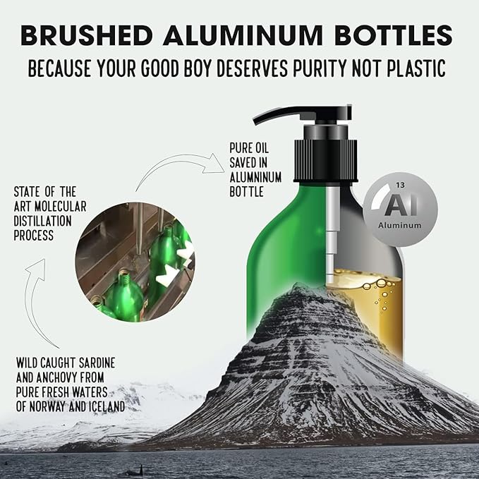 Iceland Pure Sardine Anchovy Oil | Wild Caught | 1597mg of Omega 3 per teaspoon | Unscented Pharmaceutical Grade | For Dogs and Cats | BPA-Free Brushed Aluminum Epoxy coated Bottle with Pump 8.75oz