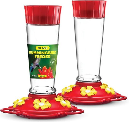Hummingbird Feeder 10 oz [Set of 2] Glass Feeders for Outdoors, with Built-in Ant Guard - Circular Perch with 5 Feeding Ports - Wide Mouth for Easy Filling/2 Part Base for Easy Cleaning