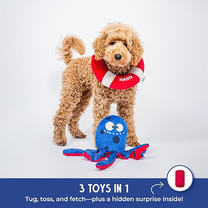 Octopus Dog Toy Set | 3-in-1 Interactive Play: Squeaky Plush with Crinkly Bungee Arms & Durable Life Ring - Large Spiky Squeaker Inside - Small to Large Dogs