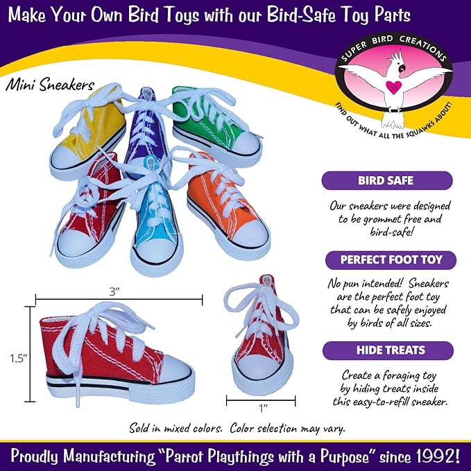Super Bird Creations SB50011 Sneaker Bird Toy - Durable Safe Chew Toy - Ideal for Cockatiels Parakeets Parrots Small to Large Birds - Vibrant, Assorted Colors 3" x1-1/2 x 1-3/8" (24 Pack)