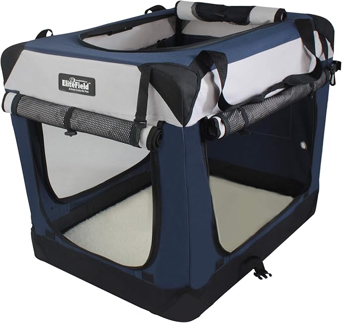 EliteField 4-Door Folding Soft Dog Crate with Curtains, Carrying Bag and Fleece Bed (2 Year Warranty), Indoor & Outdoor Pet Home (24" L x 18" W x 21" H, Navy Blue+Gray)