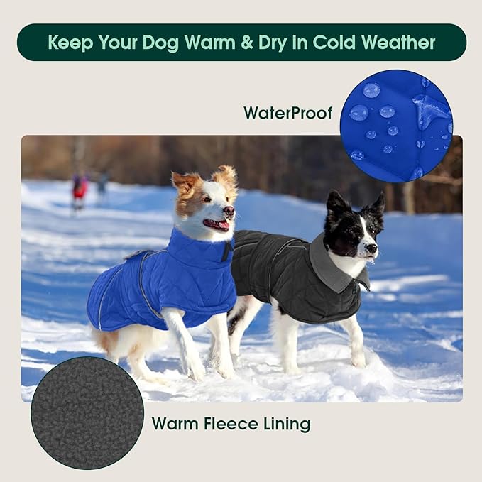 Kuoser Dog Winter Coat Waterproof Dog Snow Jacket, Warm Fleece Lined Pet Turtleneck Snowsuit Puppy Cold Weather Coats with Harness Hole, Adjustable Winter Vest for Medium Large Dogs, Blue, L