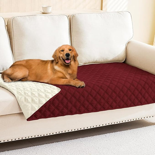 Smiry Waterproof Dog Bed Cover Pet Blanket, Soft Washable Dog Blanket for Furniture Bed Couch Sofa Reversible, Checkered (40"x70", Wine Red/Beige)