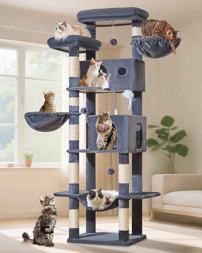 Taoqimiao Tall Cat Tree, 76-Inch Cat Tower with Scratching Posts，Sturdy Cat tree for Indoor Cats Large Adult with 2 Condos, 2 Perches, 2 Hanging Baskets, Hammock, 8 Scratching Posts, MS046G Smoke Gray