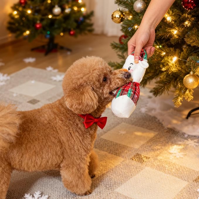 Christmas Dog Toys – Plush Reindeer & Snowman Holiday Set for Small and Medium Dogs, Soft Stuffed Chew Toys with Crinkle Ears, Festive Red Green Plaid, Cute Stocking Stuffer Gift