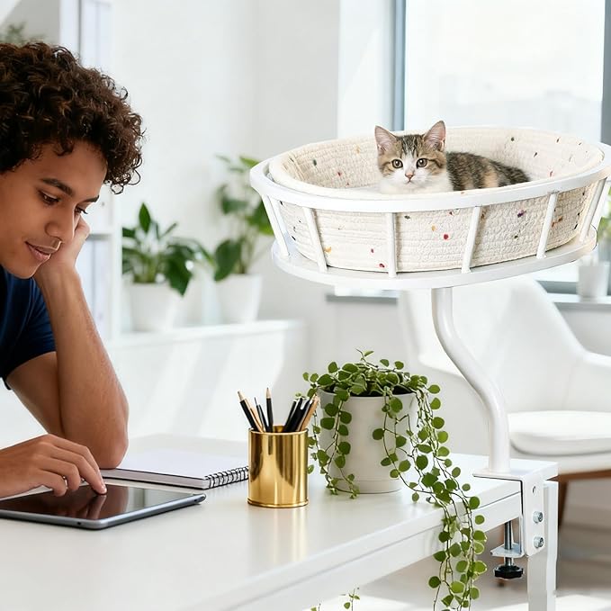 Cat Desk Bed -Space-Saving Cats Hammock for Home Office/Computer Desks, Removable Cotton Cats Nest,Heavy-Duty Metal Frame (White)