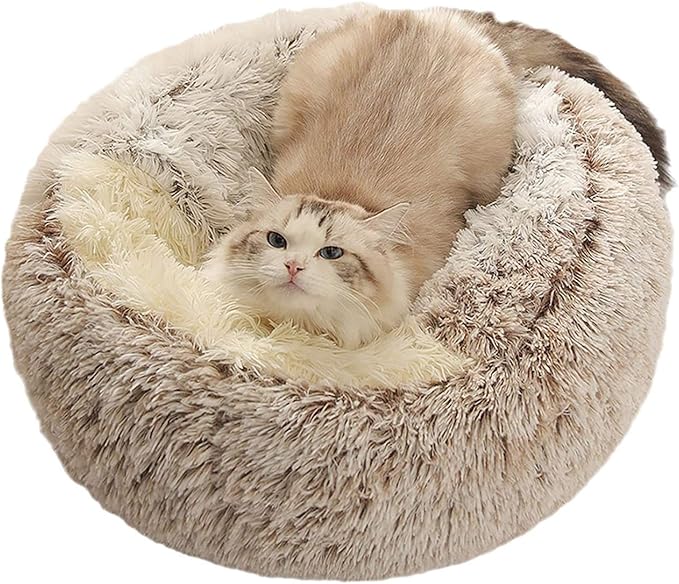Plush Fluffy Dog and Cats Round Bed – Ultra-Soft Faux Fur Pet Shell Nest with Raised Bolster Edge, Self-Warming Calming Nest for Small to Large Pets (Gray, X Large（31.5“/<75lbs)