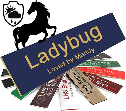 Personalized Horse Stall Name Plates, 2x6 Horse Stall Signs with Adhesive, All Weather UV Protected, Navy Blue Plastic with Gold Letters - Made in USA - B10