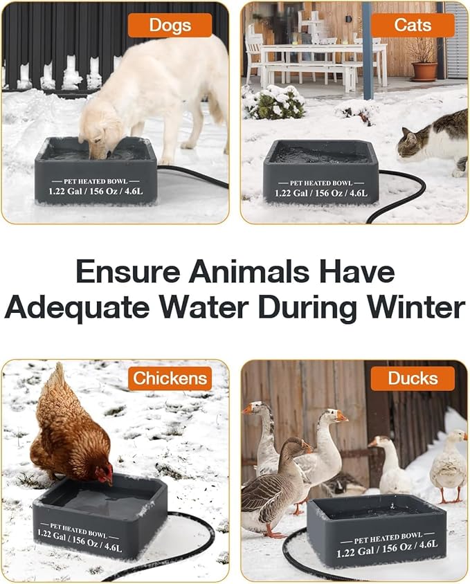 Clawsable Large Heated Dog Bowl for Outdoor Dogs Cats, Heated Water Pet Dish with 78.4" Chewproof Cord, Water Thermal-Bowl for Rabbit, Chicken, Squirrel (Light Gray, 155Oz)